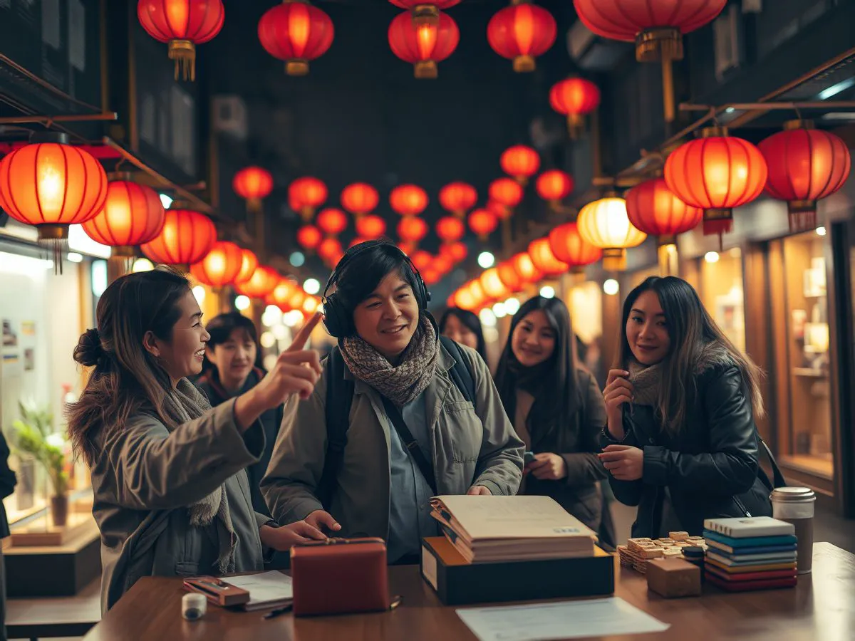 元宵节赏灯导览现场，导览员带领团队观赏花灯