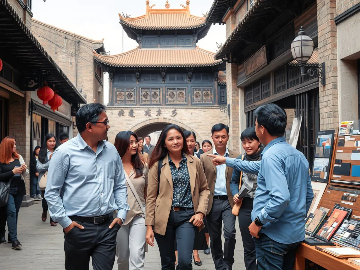 专业导览员带领团队在城市历史街区参观